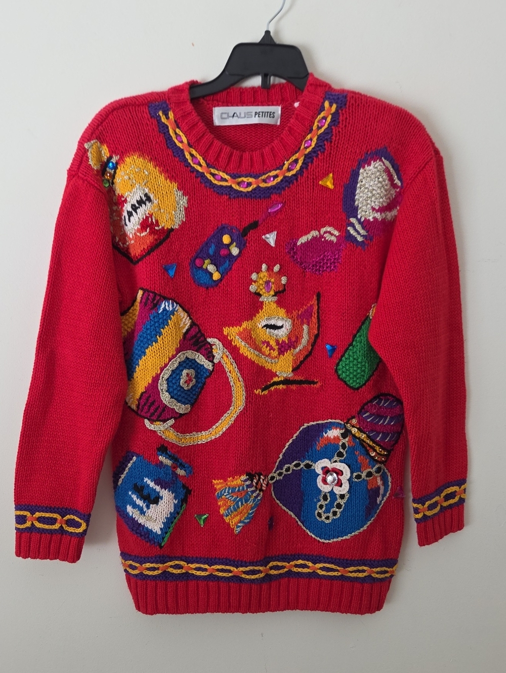 Vintage 80's Chaus Red Embroidered Embelished Novelty Knit Sweater P S